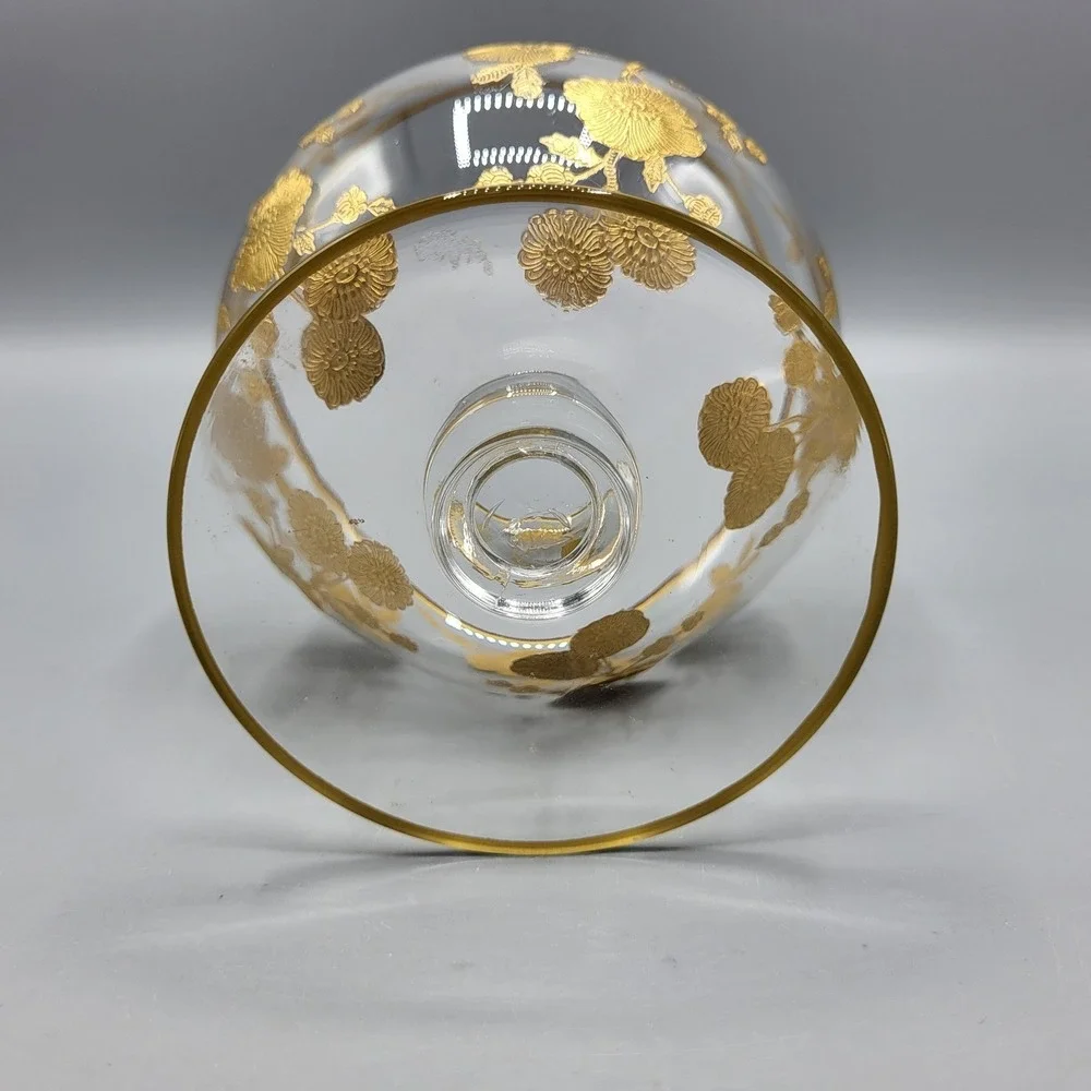 Vintage MCM Gold Encrusted Floral Glass Compote Footed Bowl Dish Clear